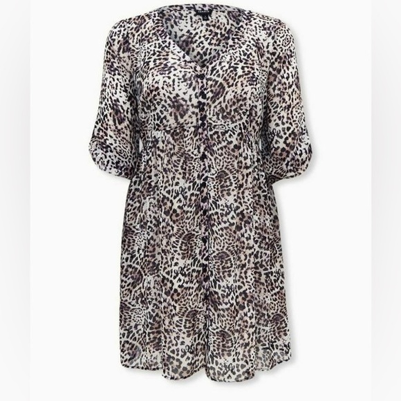 TORRID Leopard White Animal Print Mini Chiffon Sheer Shirt Dress, Size 6X, EUC. - Picture 13 of 14